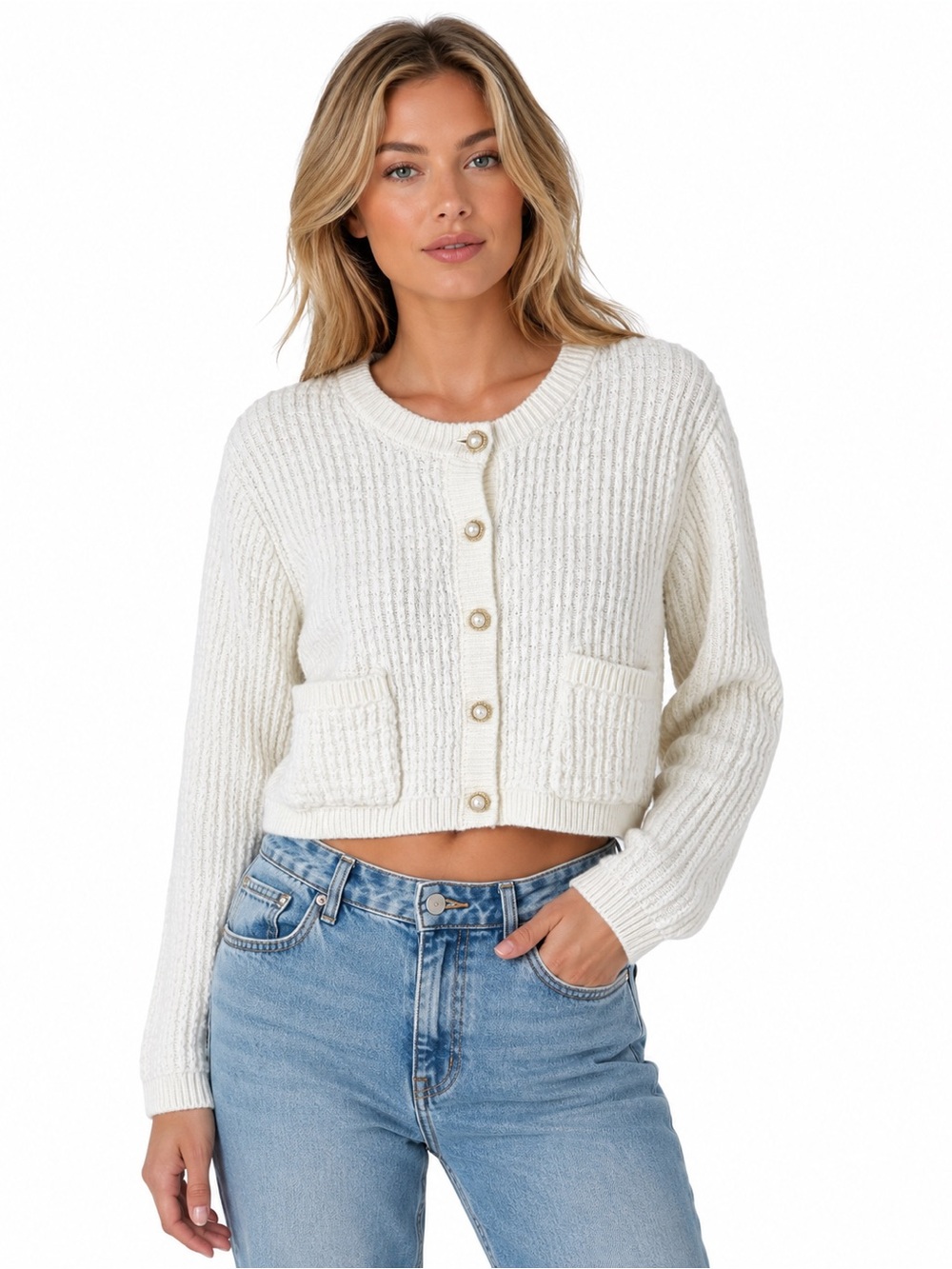 Jessica Simpson Cream Cropped Knit Cardigan w/ Pearl Buttons Size Medium ✨